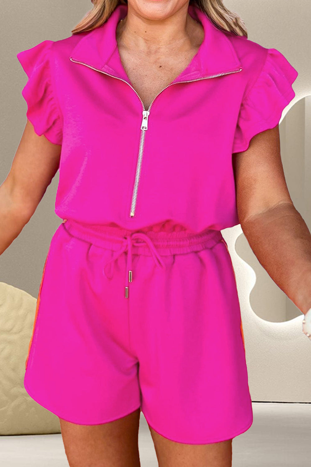 Ruffled Half Zip Cap Sleeve Romper Sunset and Swim Hot Pink S 