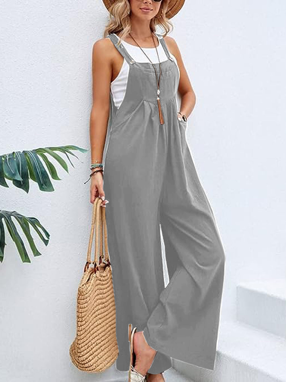 Full Size Wide Leg Overalls with Pockets Sunset and Swim Cloudy Blue S 