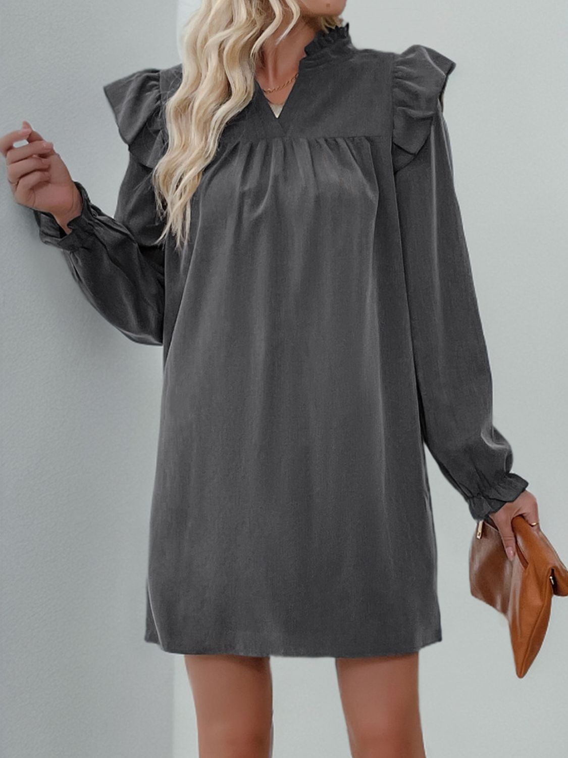 Sunset Vacation Perfee Ruffled Notched Long Sleeve Mini Dress Sunset and Swim   