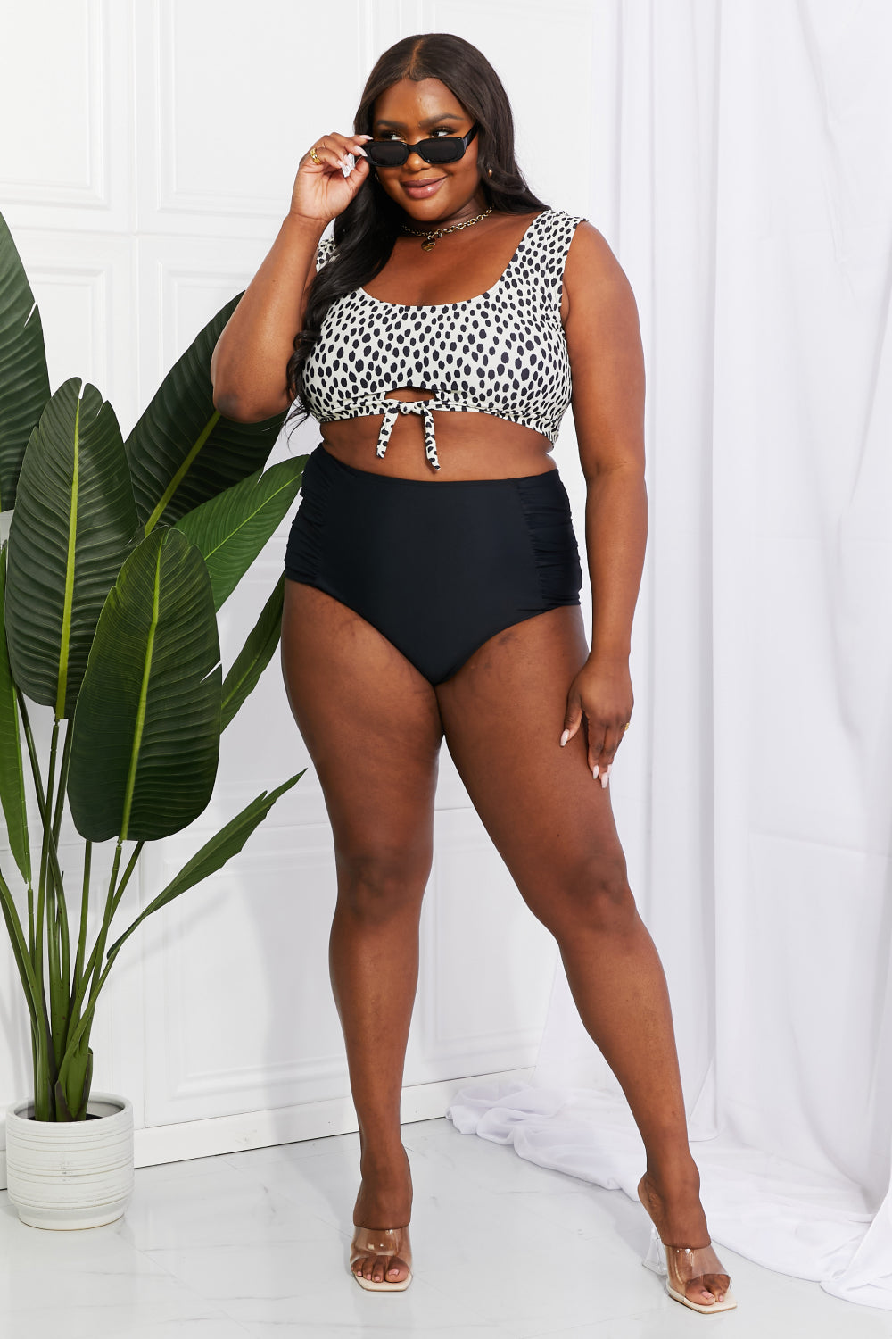 Marina West Swim Sanibel Crop Swim Top and Ruched Bottoms Set in Black Sunset and Swim   