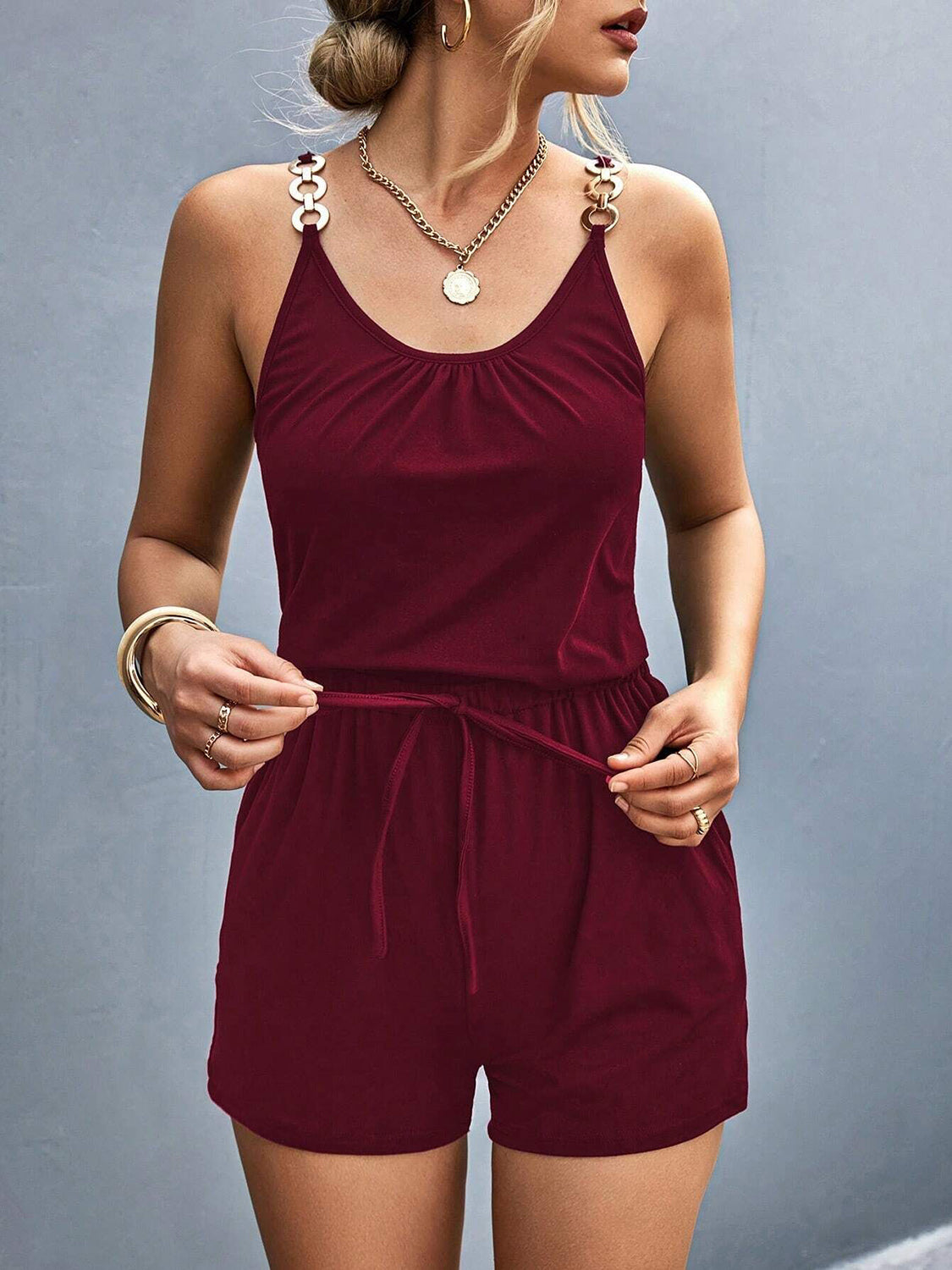 Pocketed Buckle Trim Scoop Neck Romper Sunset and Swim   