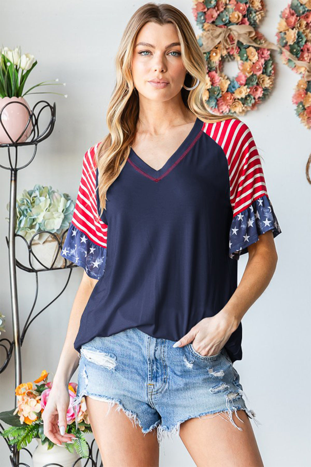 American Flag USA Plus Size V-Neck Flounce Sleeve T-Shirt Sunset and Swim Navy S 