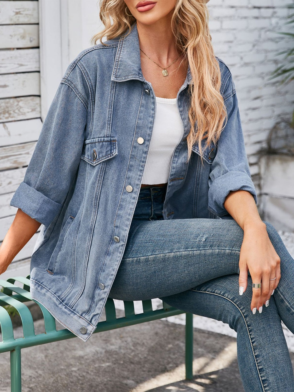 Button Up Long Sleeve Denim Jacket Sunset and Swim   