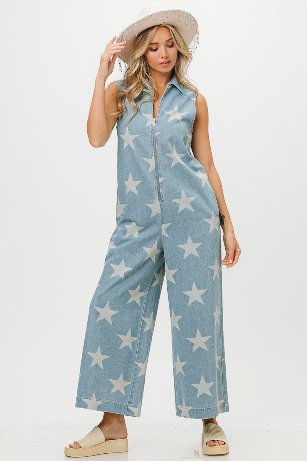 BiBi Star Print Half Zip Sleeveless Denim Jumpsuit Sunset and Swim   