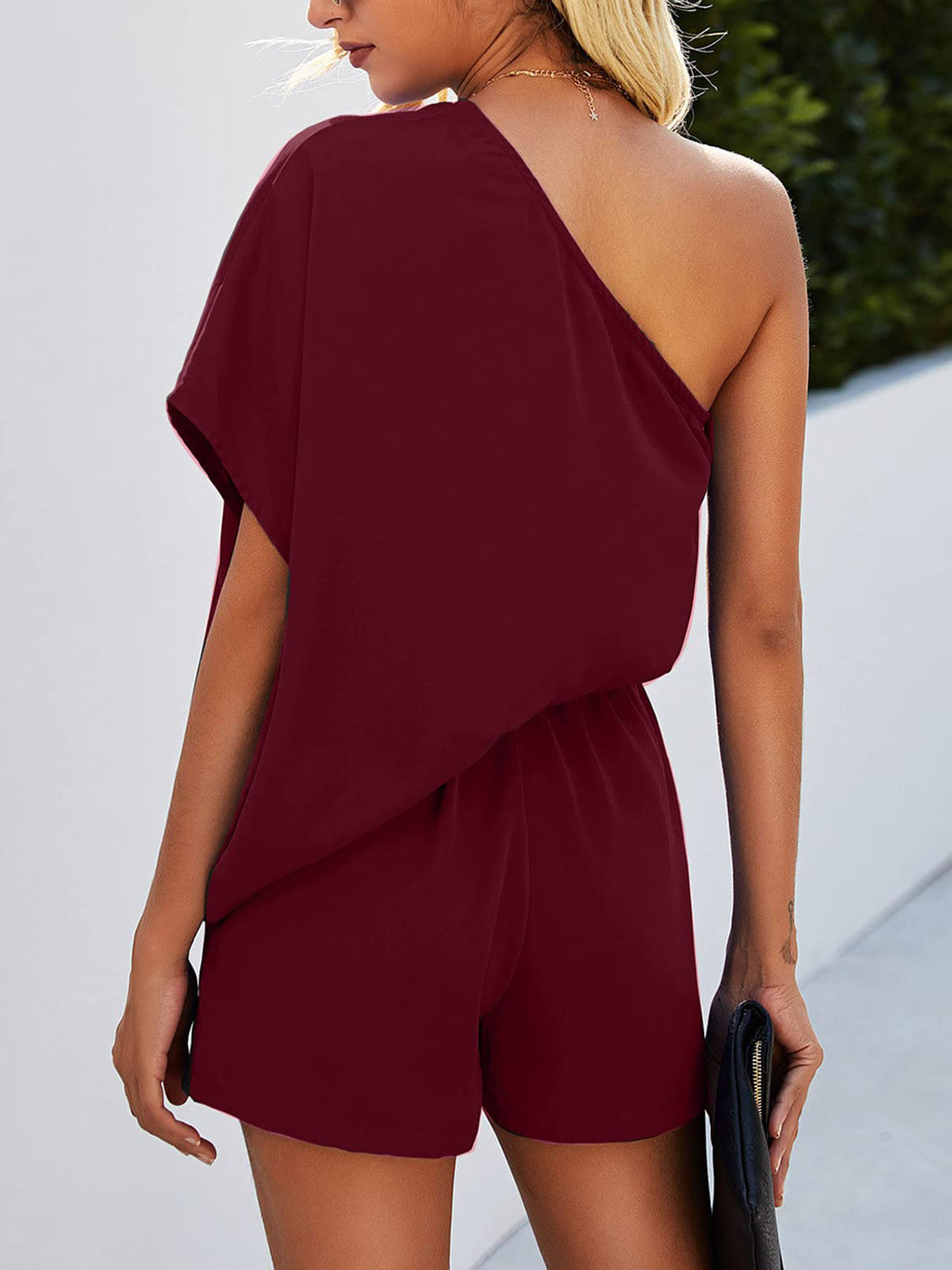 Single Shoulder Batwing Sleeve Romper  Sunset and Swim Wine S 