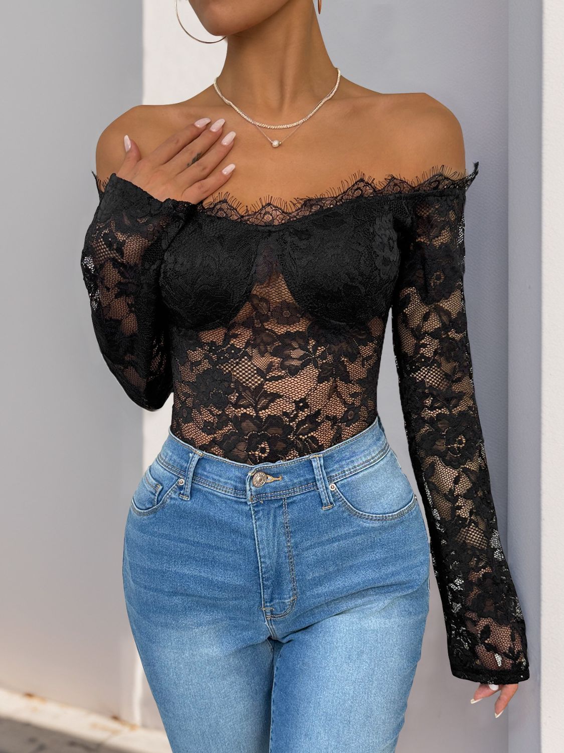 Perfee Lace Off-Shoulder Long Sleeve Bodysuit Sunset and Swim Black S 