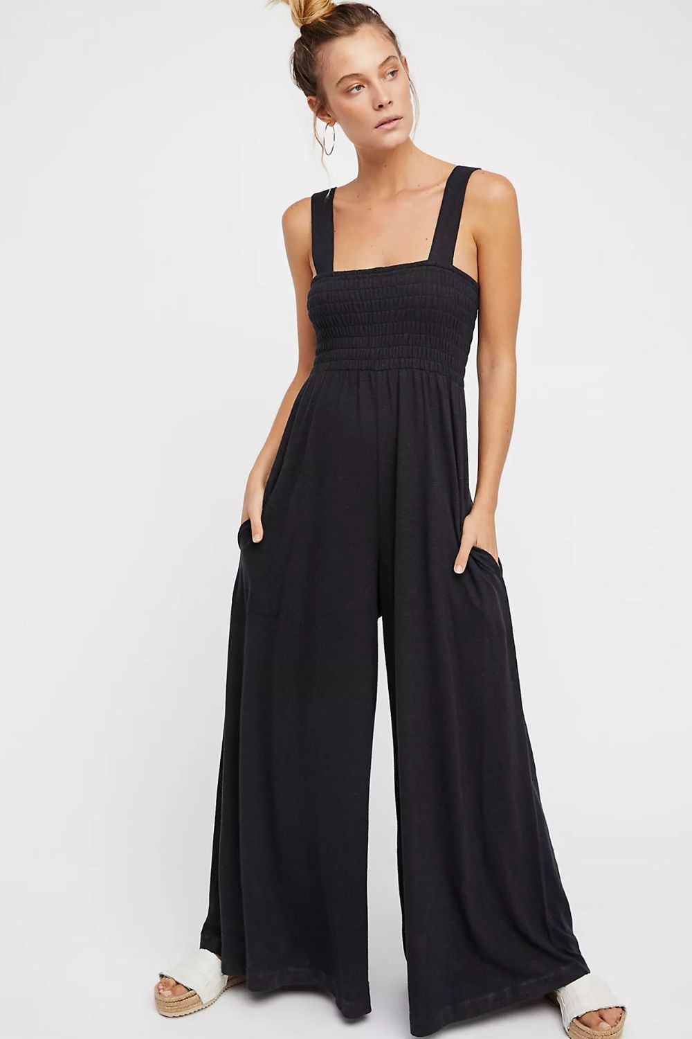 Smocked Square Neck Wide Leg Jumpsuit with Pockets Sunset and Swim Black S 