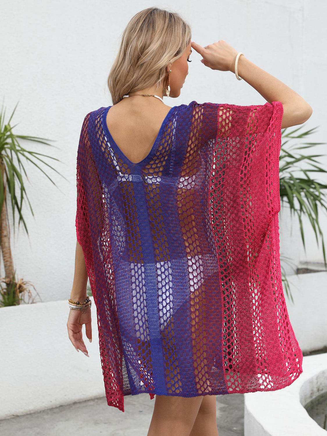 Sunset Vacation  Openwork Contrast V-Neck Beach Cover Up Sunset and Swim   