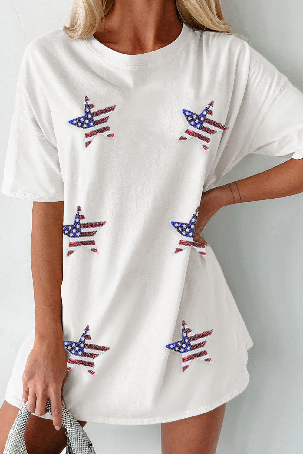 US Flag Star Round Neck Half Sleeve Oversize T-Shirt Sunset and Swim   