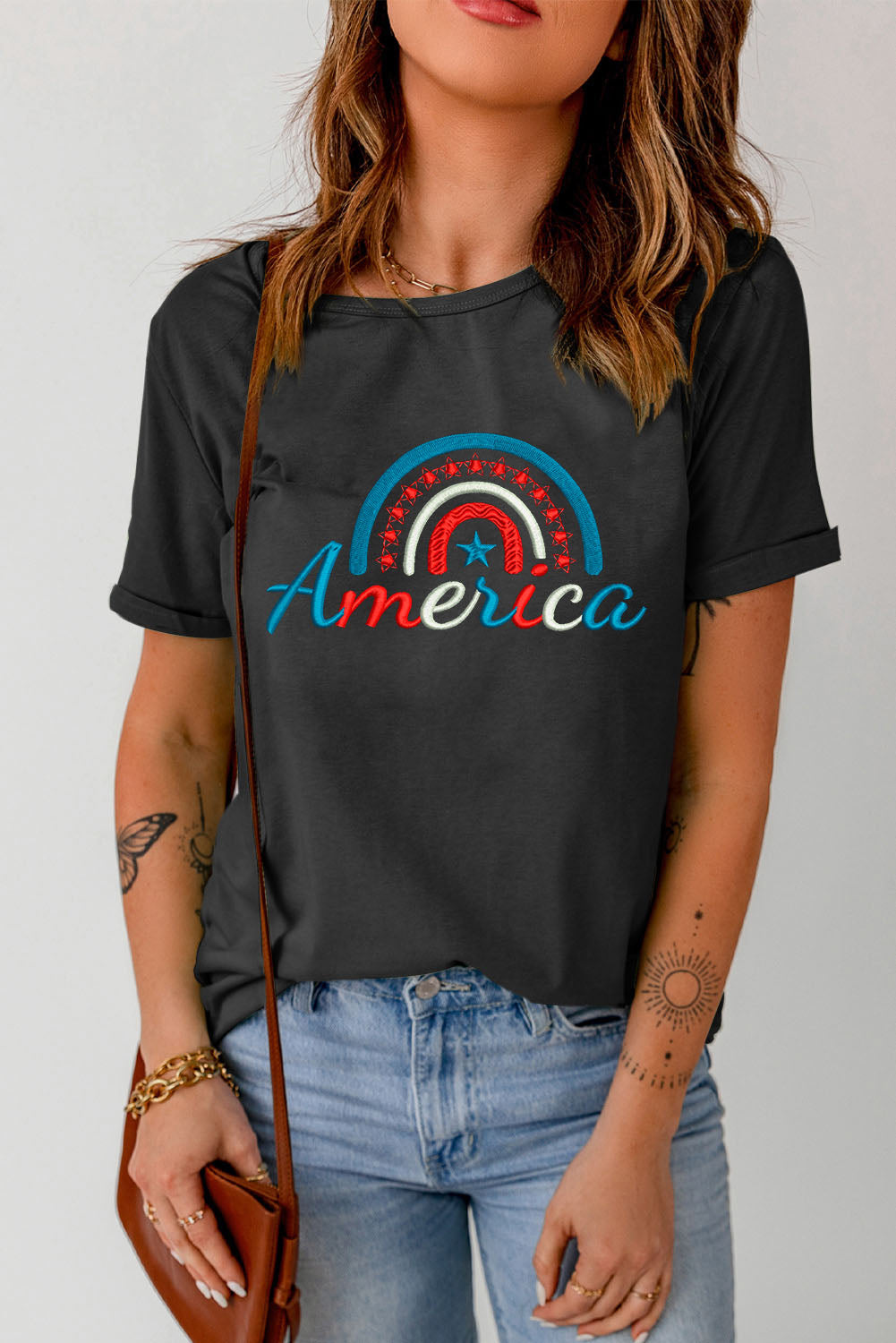 AMERICA Embroidered Round Neck Cuffed Tee Shirt Sunset and Swim Black S 