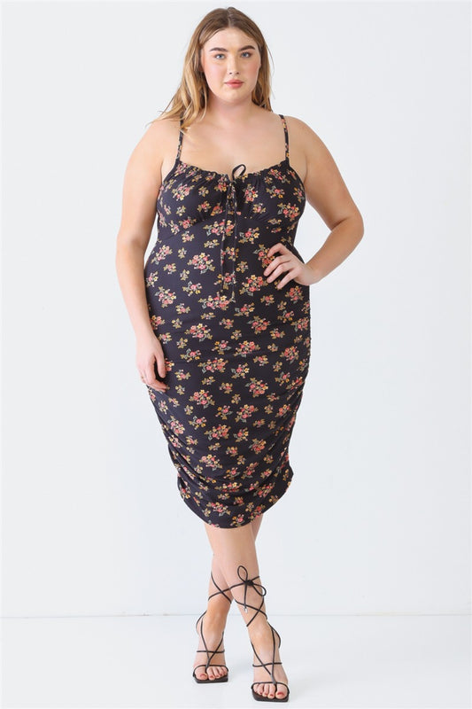 Sunset Vacation Blue Leopard Plus Size Ruched Floral Square Neck Cami Dress Sunset and Swim Black 1XL 