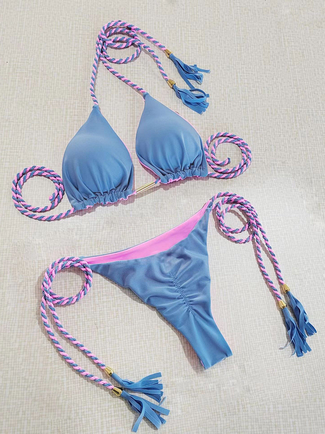 Sunset Vacation  Contrast Halter Neck Two-Piece Bikini Set Sunset and Swim Sky Blue S 