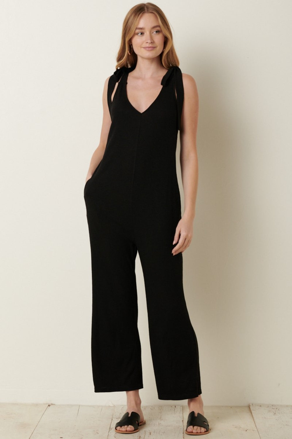 Sunset and Swim  Mittoshop Rib Knit V-Neck Cross Back Jumpsuit Sunset and Swim Black S 