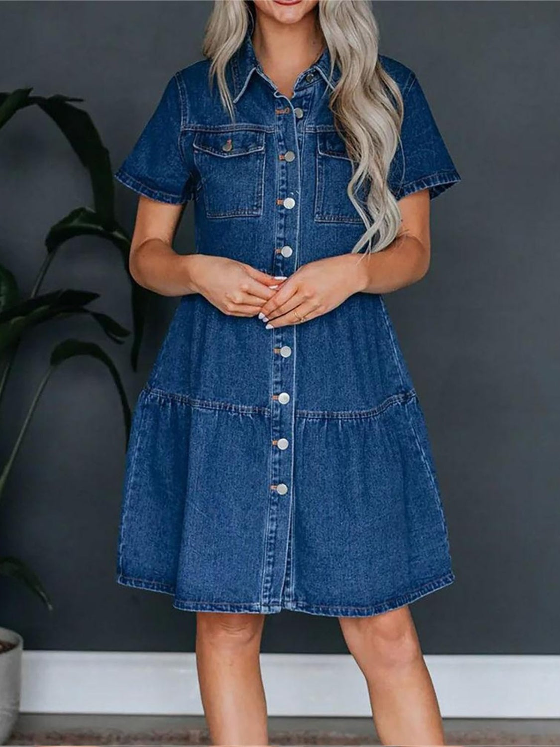 Pocketed Button Up Collared Neck Short Sleeve Denim Dress Sunset and Swim Navy S 