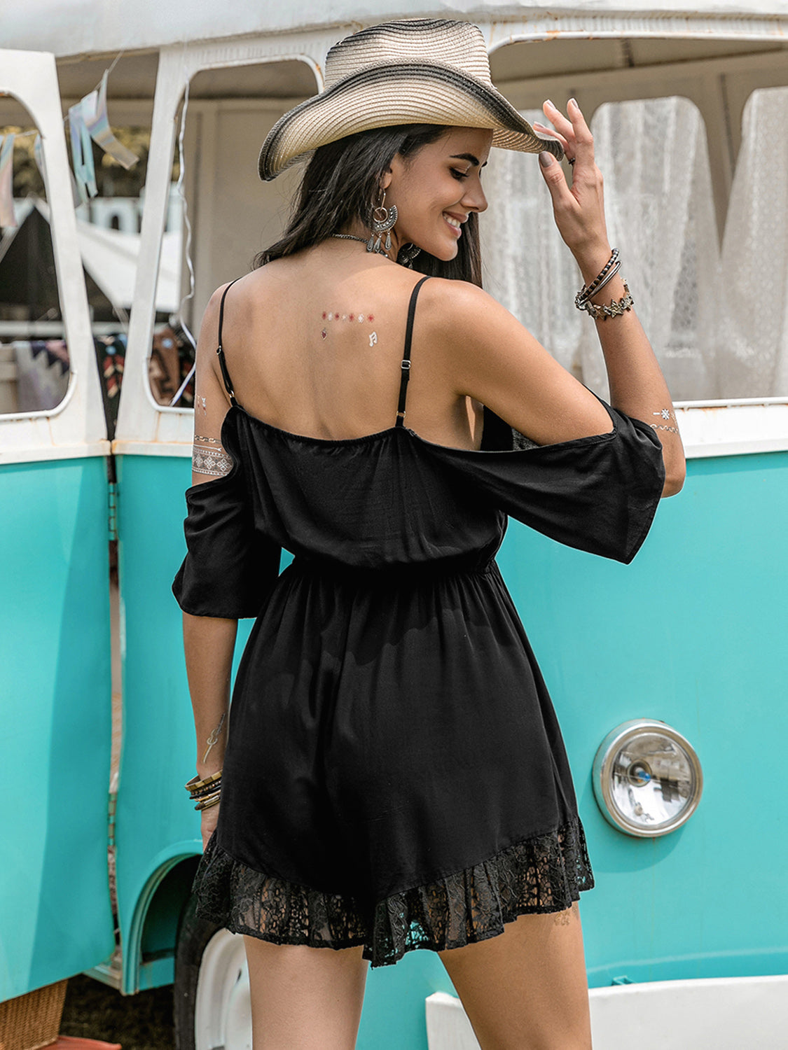 Lace Detail Cold Shoulder Romper Sunset and Swim   