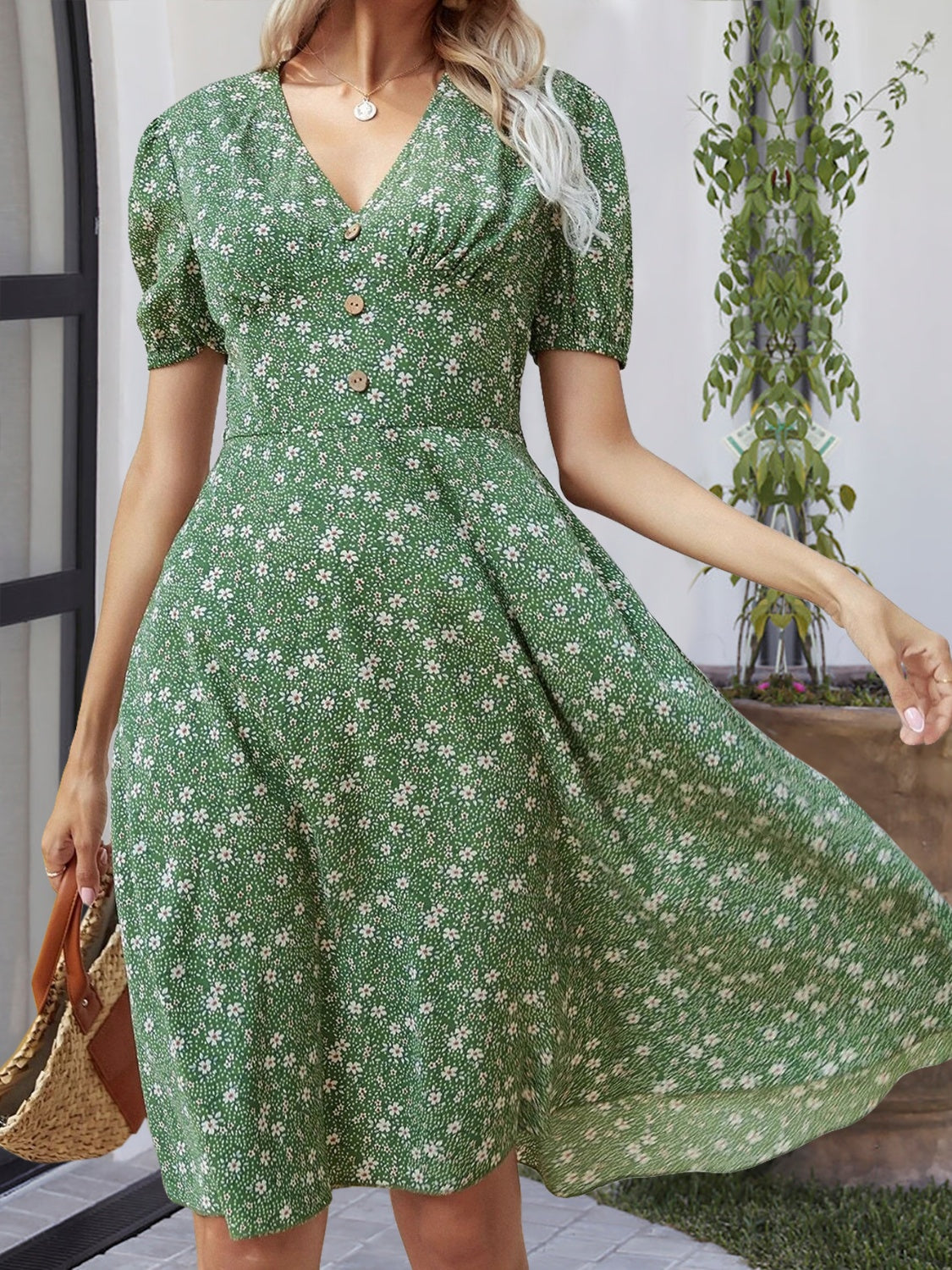 Printed V-Neck Short Sleeve Dress Sunset and Swim Green S 