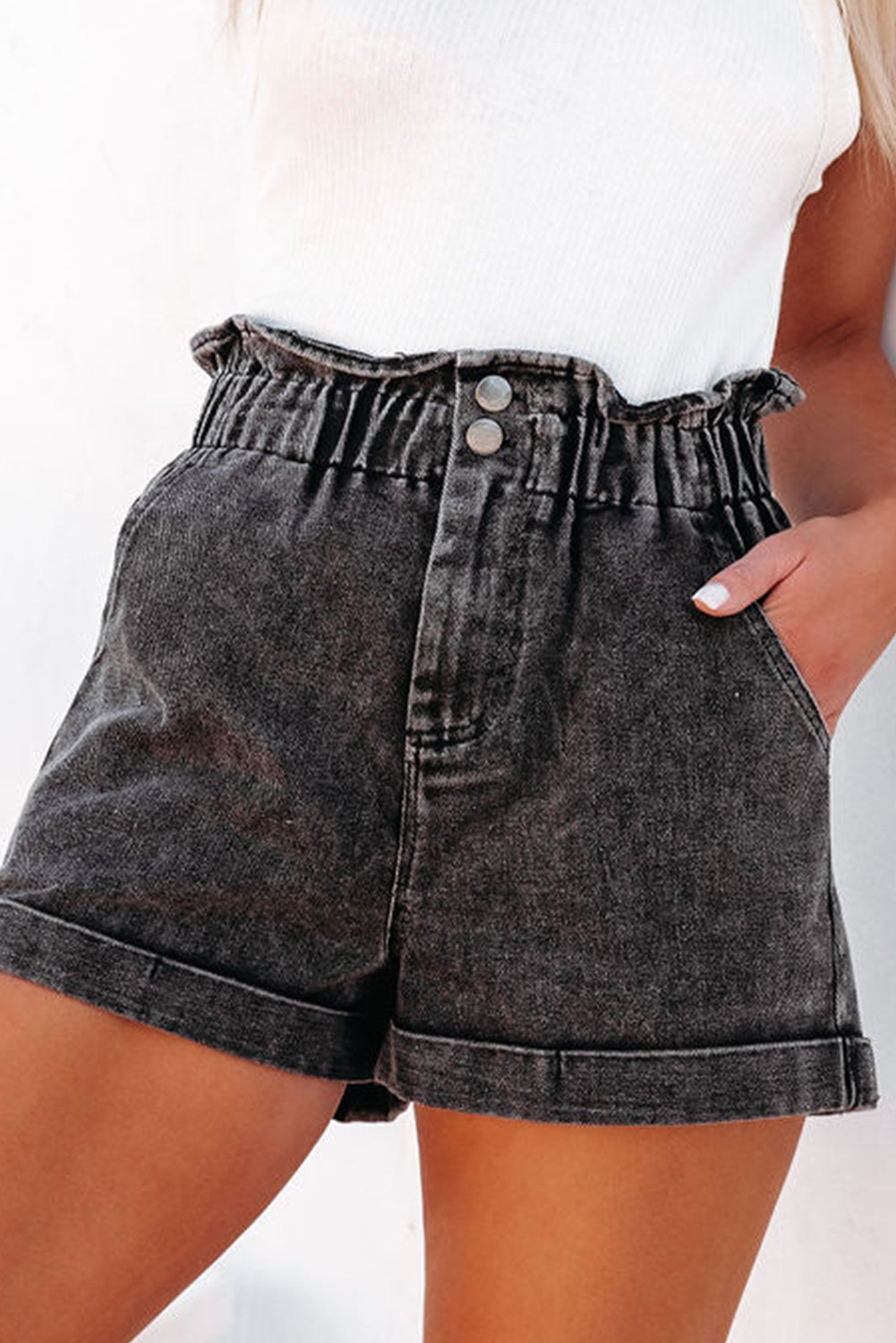 Paperbag Waist Denim Shorts with Pockets Sunset and Swim   