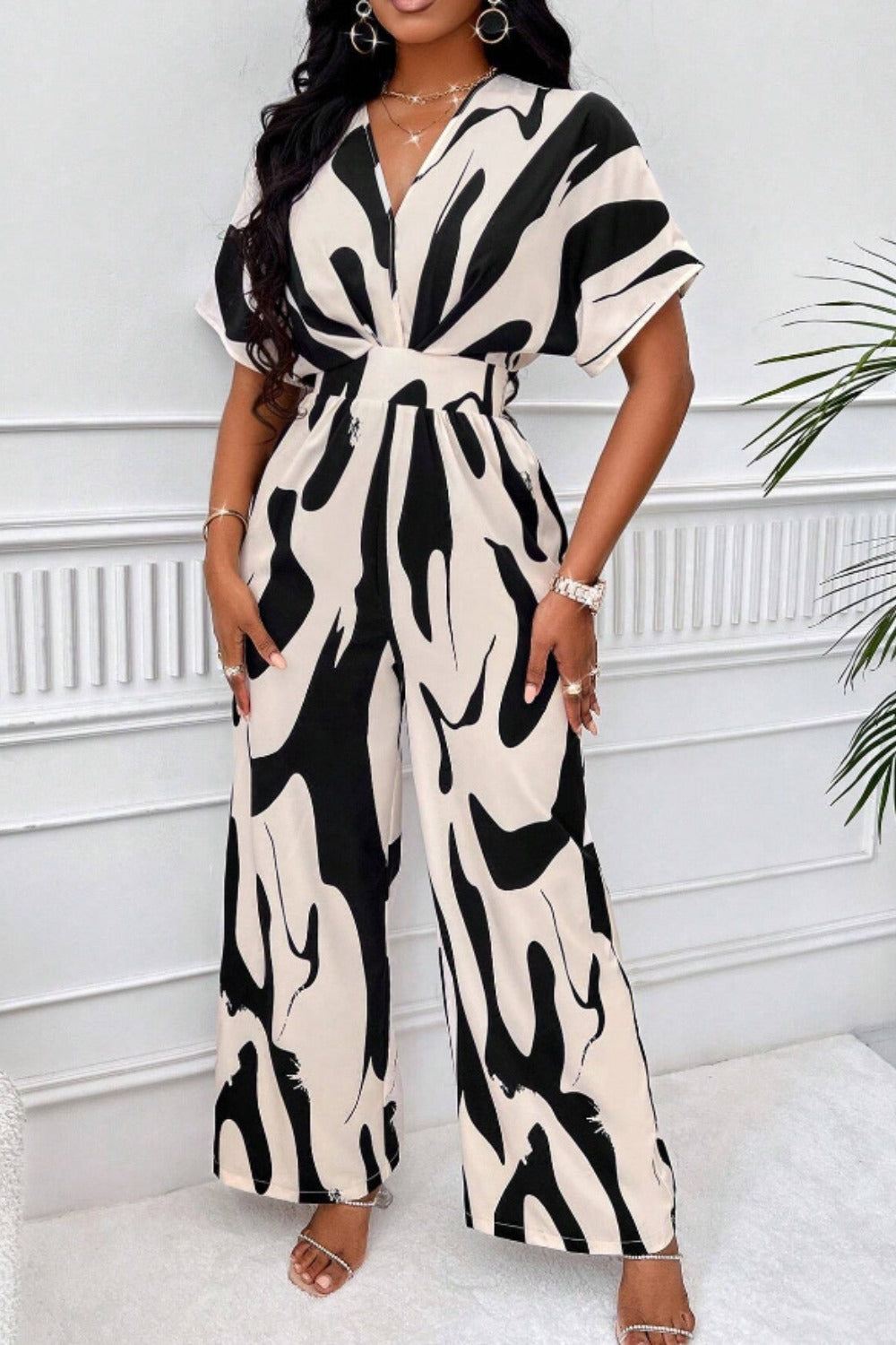 Printed V-Neck Short Sleeve Wide Leg Jumpsuit Sunset and Swim   