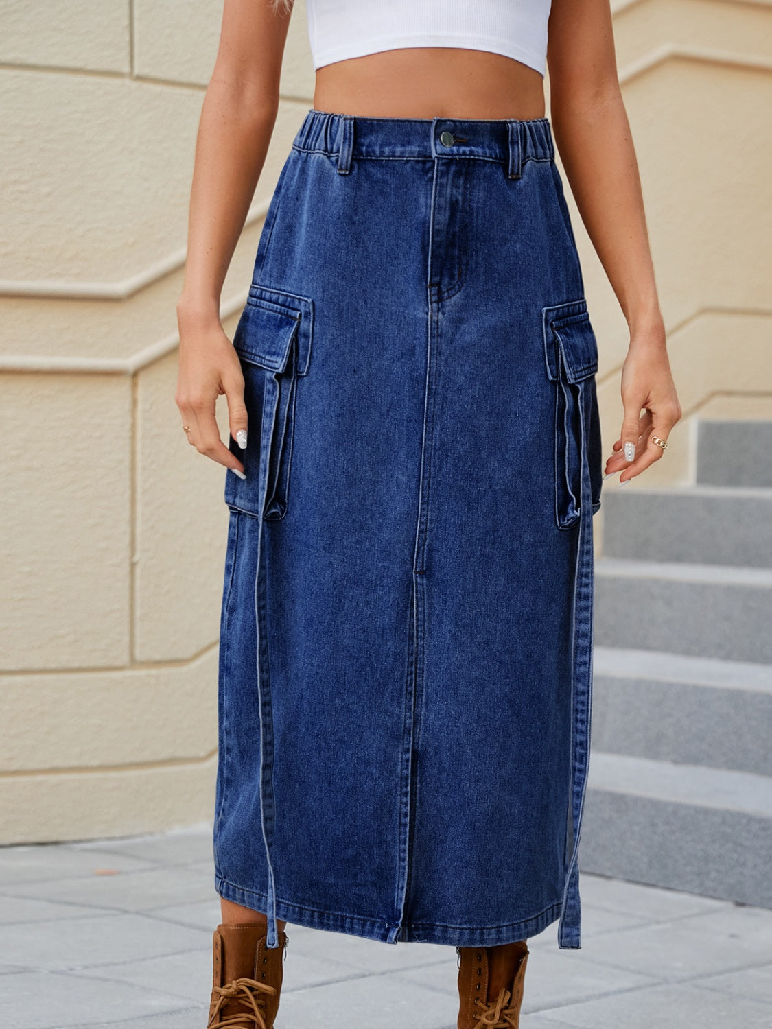 Slit Pocketed High Waist Denim Skirt Sunset and Swim Navy S 