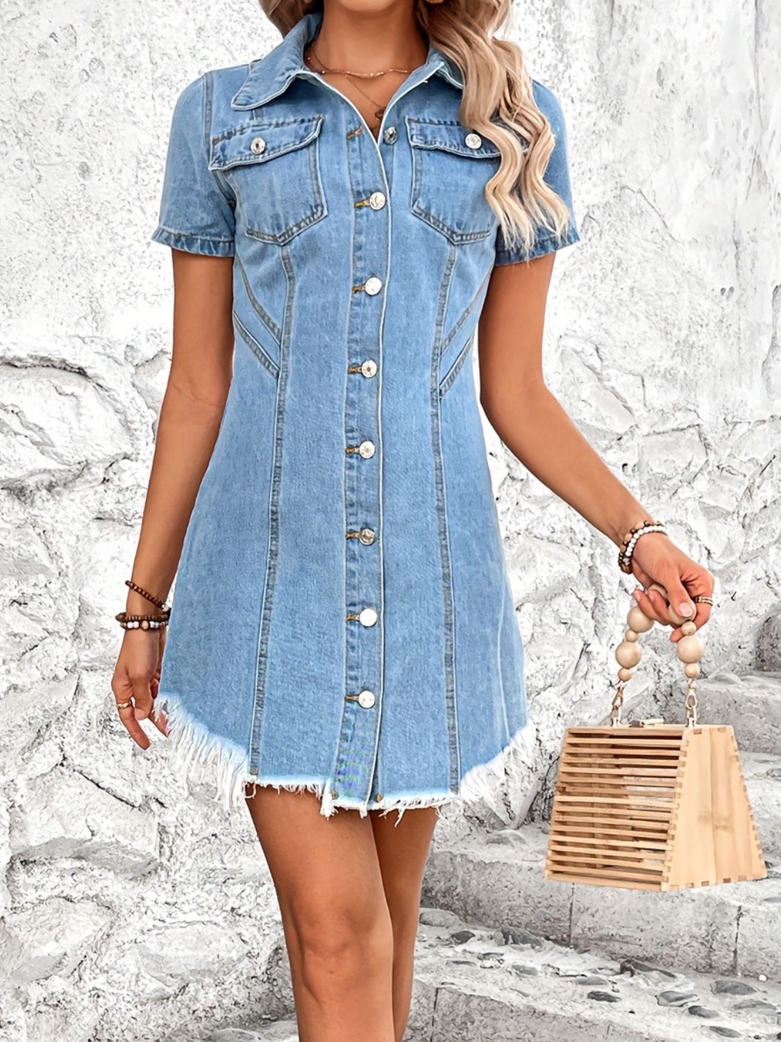 Raw Hem Button Up Short Sleeve Denim Dress Sunset and Swim   