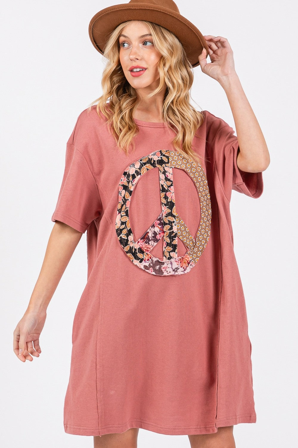 Sunset Vacation Plus Size Peace Sign Applique Short Sleeve Tee Dress Sunset and Swim   