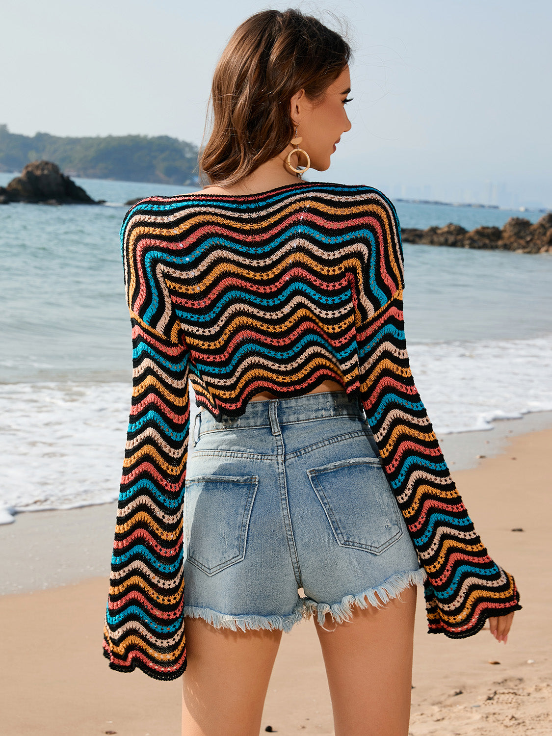 Sunset Vacation  Striped Boat Neck Long Sleeve Cover Up  Sunset and Swim   