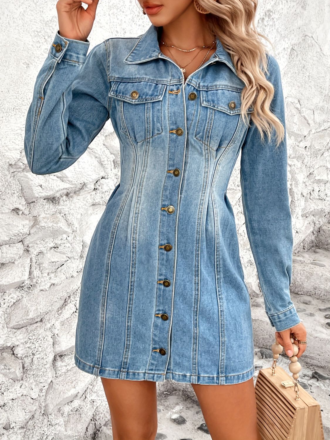 Pocketed Button Up Long Sleeve Denim Dress Sunset and Swim Medium XS 