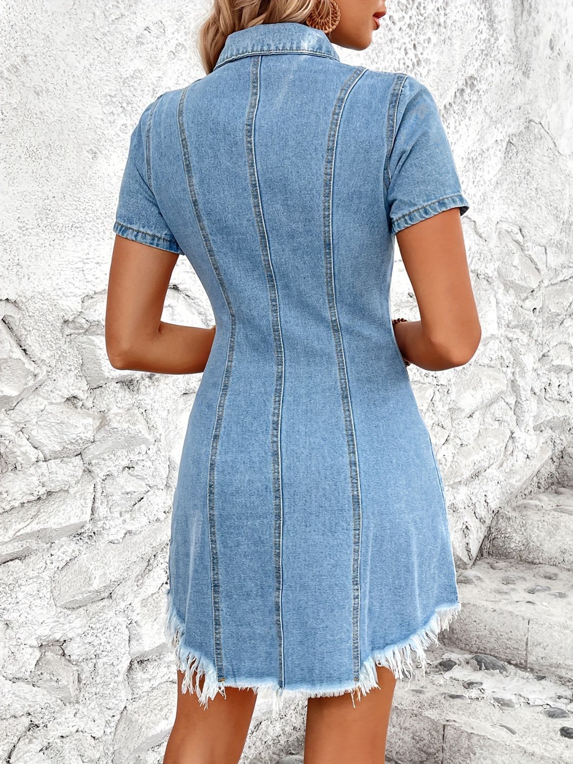 Raw Hem Button Up Short Sleeve Denim Dress Sunset and Swim   