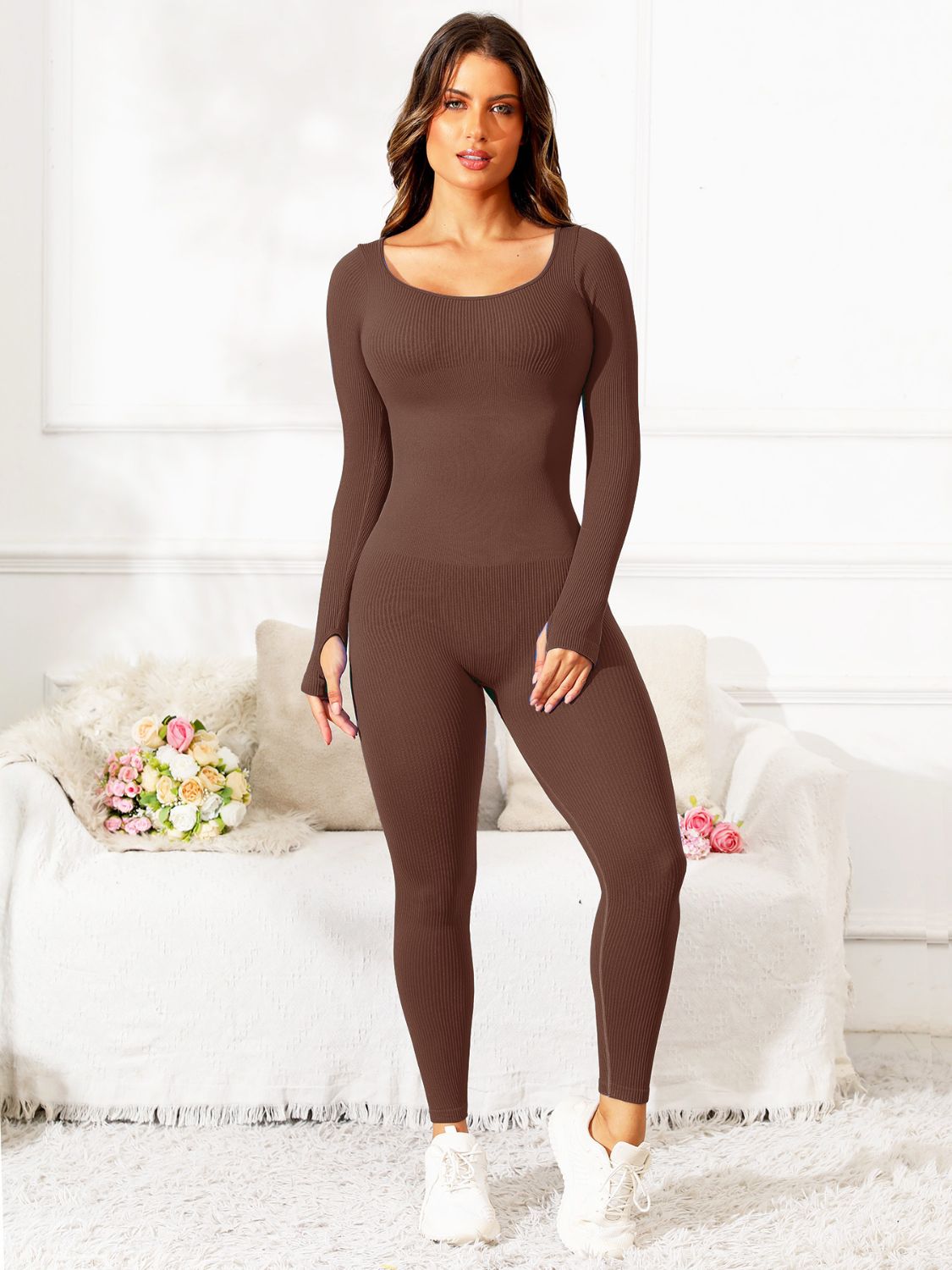 Scoop Neck Long Sleeve Active Jumpsuit Sunset and Swim Black S 