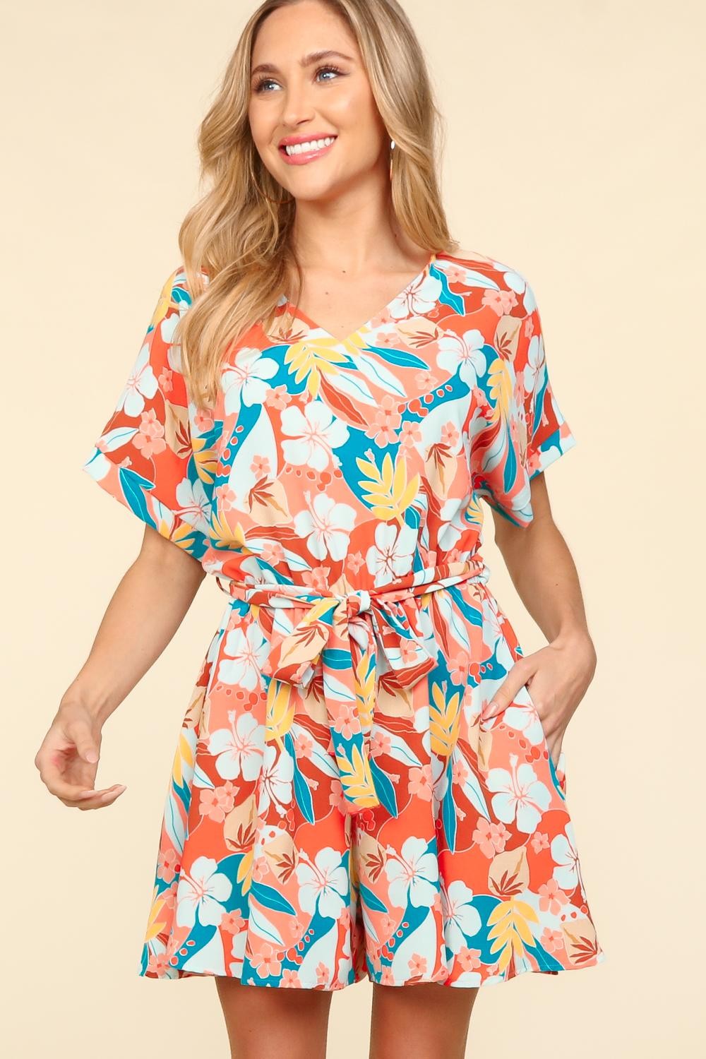 Haptics Tropical Floral Short Sleeve Tied Romper Sunset and Swim   