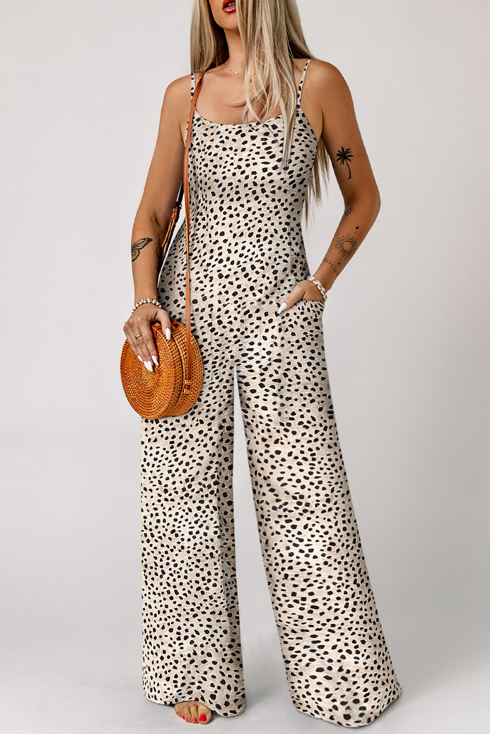 Printed Spaghetti Strap Jumpsuit with Pockets Sunset and Swim   