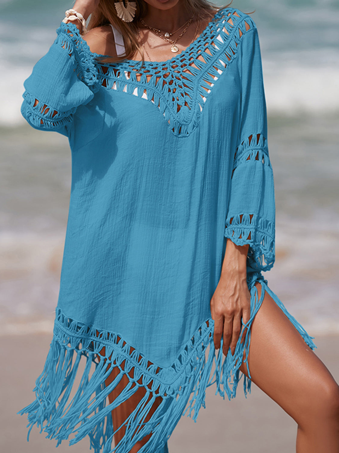 Sunset Vacation  Cutout Fringe Scoop Neck Beach Cover Up Sunset and Swim   