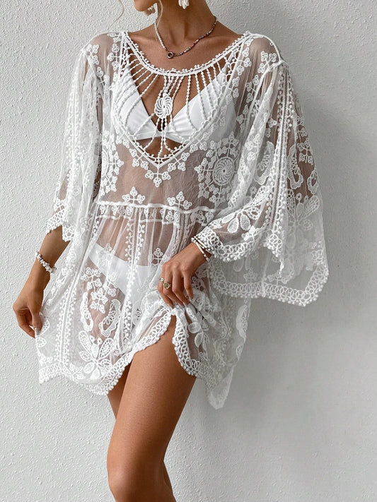 Sunset Vacation  Lace Round Neck Beach Cover Up  Sunset and Swim   
