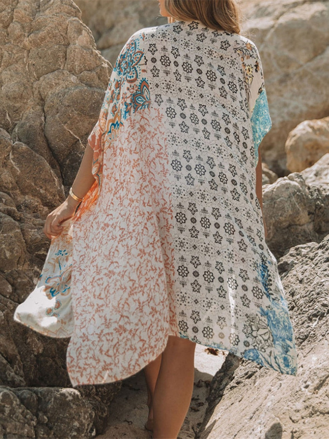 Printed Open Front Half Sleeve Cover-Up Sunset and Swim   