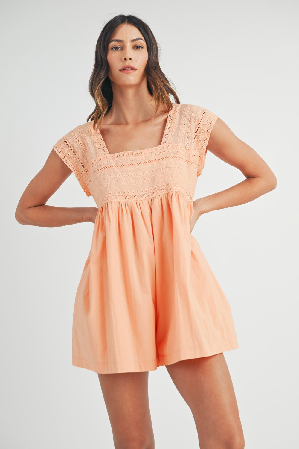 MABLE Square Neck Lace Trim Romper Sunset and Swim Peach S 