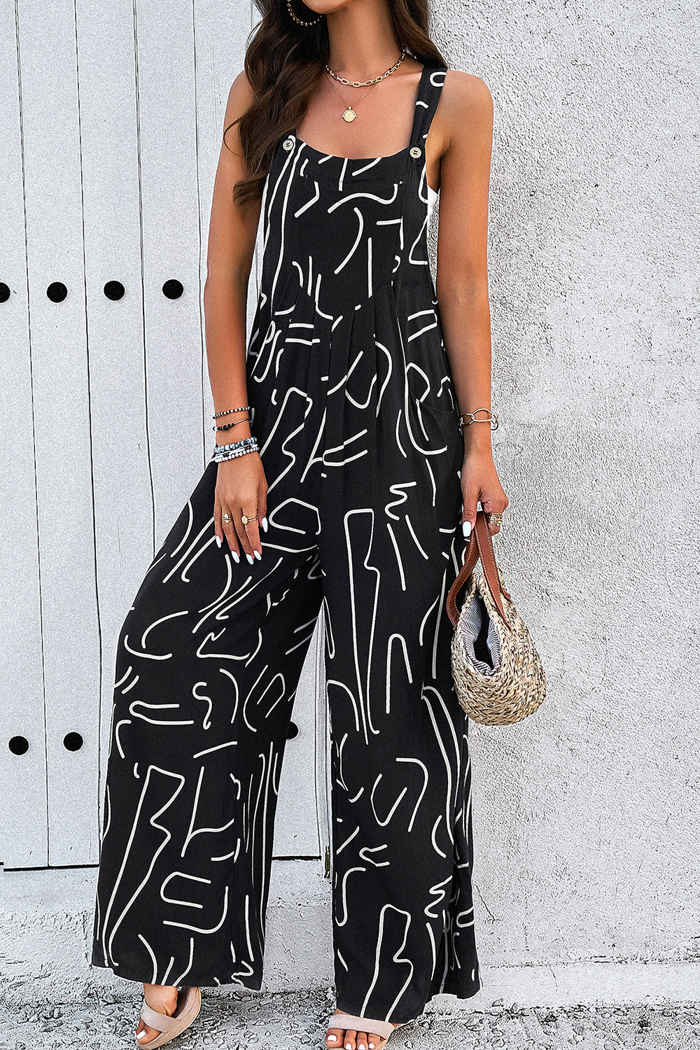 Printed Wide Strap Jumpsuit with Pockets Sunset and Swim   