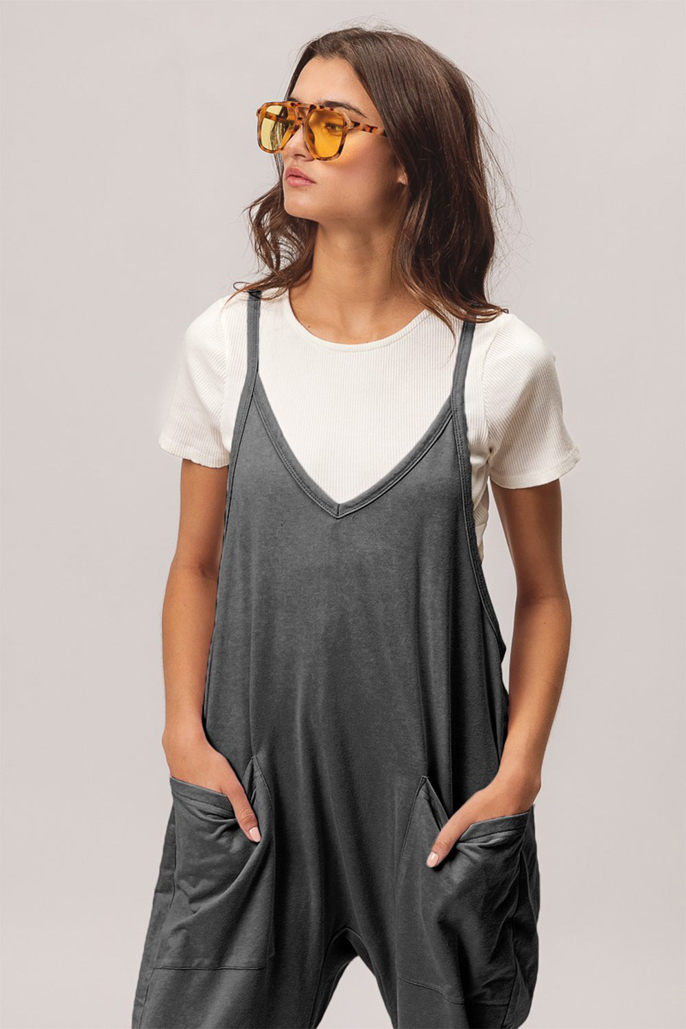Sunset and Swim  Washed Sleeveless Overalls with Front Pockets Sunset and Swim Black Charcoal S 