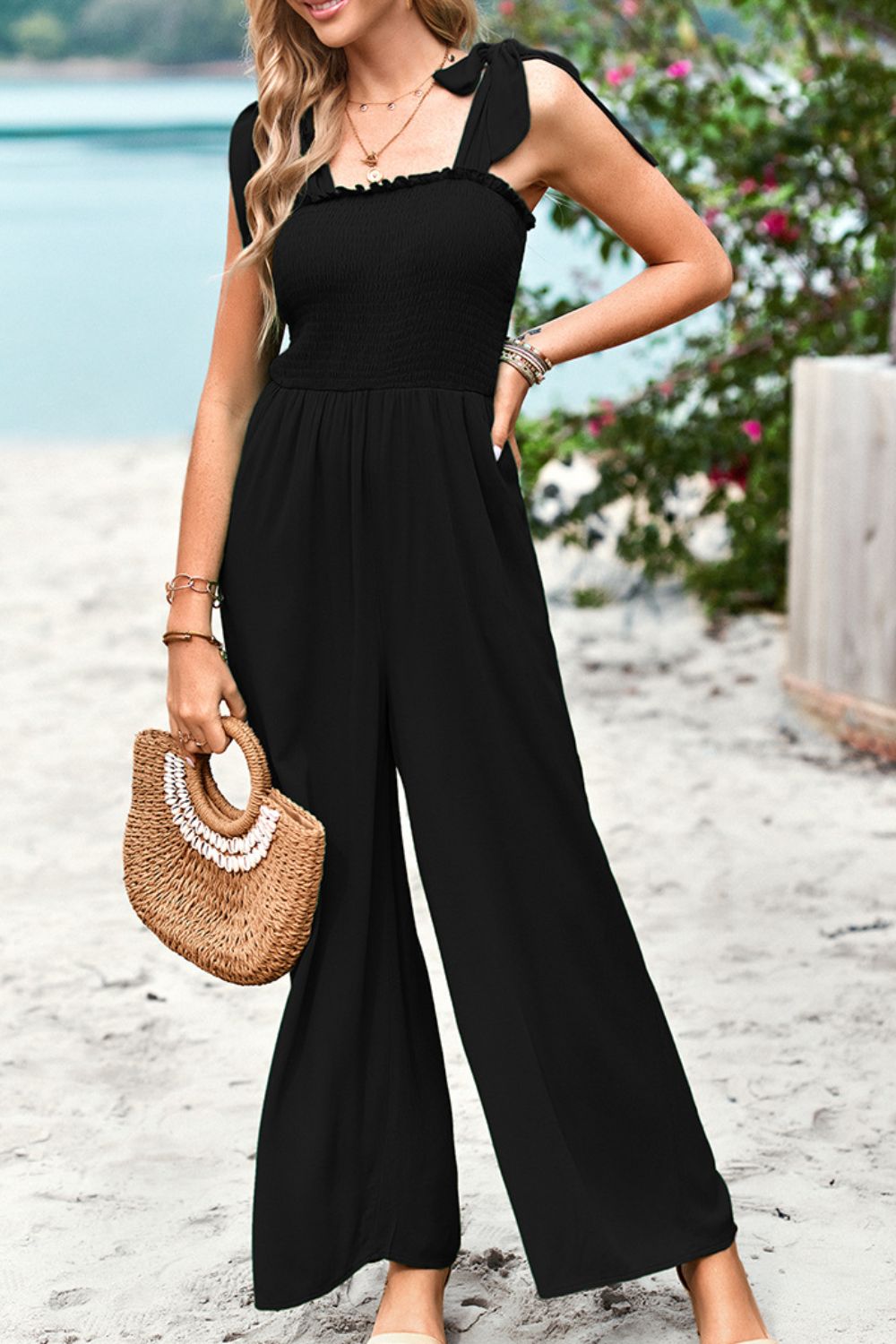 Sunset and Swim Frill Trim Tie Shoulder Wide Leg Jumpsuit with Pockets Sunset and Swim Black S 