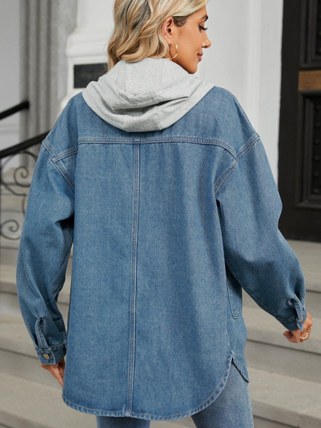 Removable Hood Button Up Long Sleeve Denim Jacket Sunset and Swim   