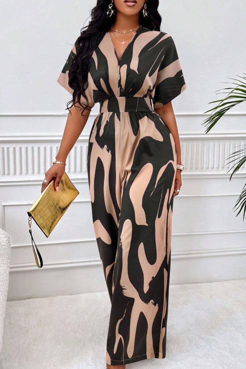 Printed V-Neck Short Sleeve Wide Leg Jumpsuit Sunset and Swim Taupe S 