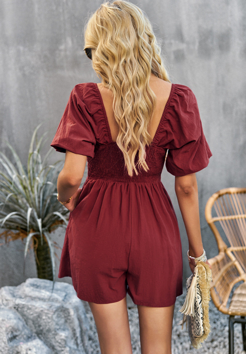 Square Neck Short Sleeve Smocked Romper Sunset and Swim   