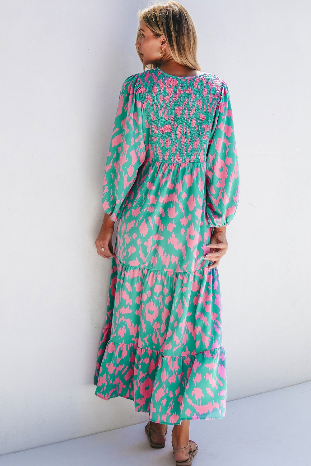 Smocked Printed Tie Neck Long Sleeve Dress Sunset and Swim   