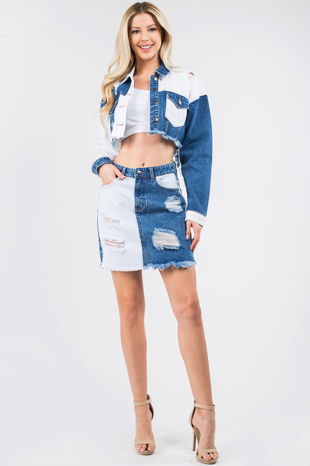 American Bazi Contrast Patched Frayed Denim Distressed Skirts Sunset and Swim   