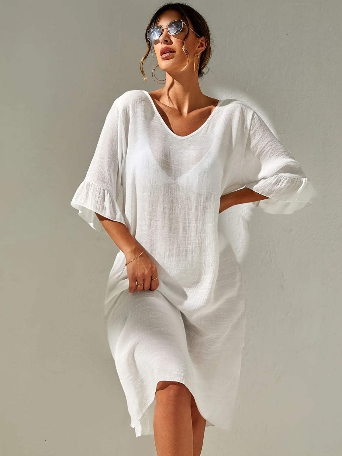 Slit V-Neck Flounce Sleeve Cover-Up Sunset and Swim White S 