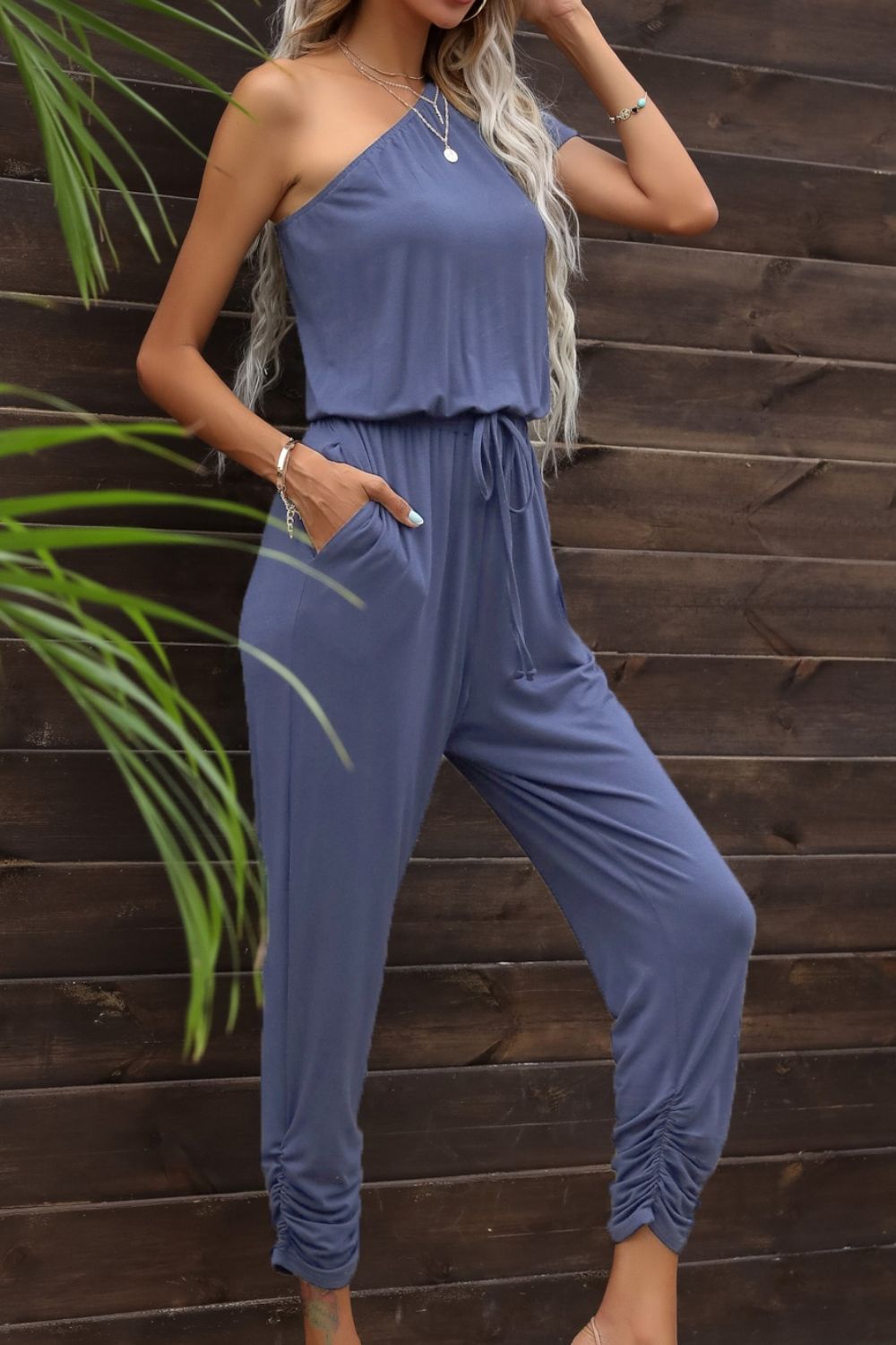 Drawstring Waist One-Shoulder Jumpsuit with Pockets Sunset and Swim   