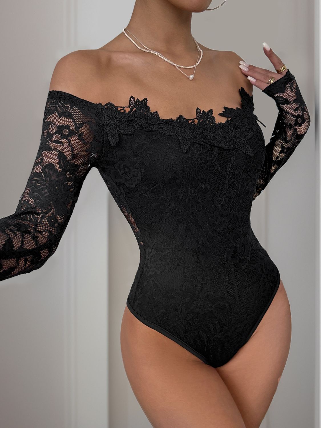 Perfee Lace Off-Shoulder Long Sleeve Bodysuit Sunset and Swim   