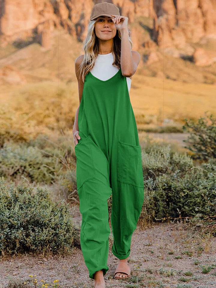Double Take Plus Size Sleeveless V-Neck Pocketed Jumpsuit Sunset and Swim Mid Green S 