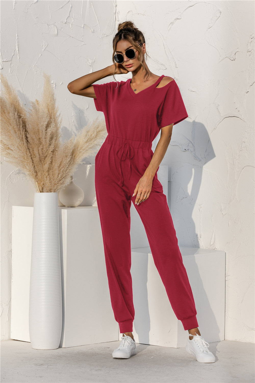 Sunset and Swim Cut Out V-neck Drawstring Jumpsuit Sunset and Swim Red S 