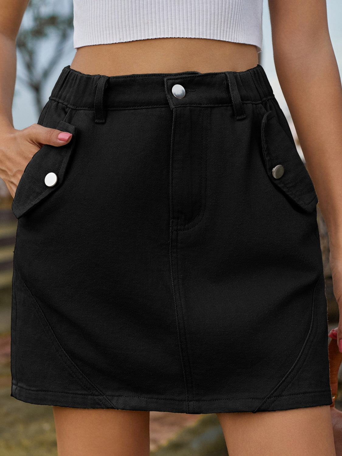 Pocketed Buttoned Mini Denim Skirt Sunset and Swim Black S 