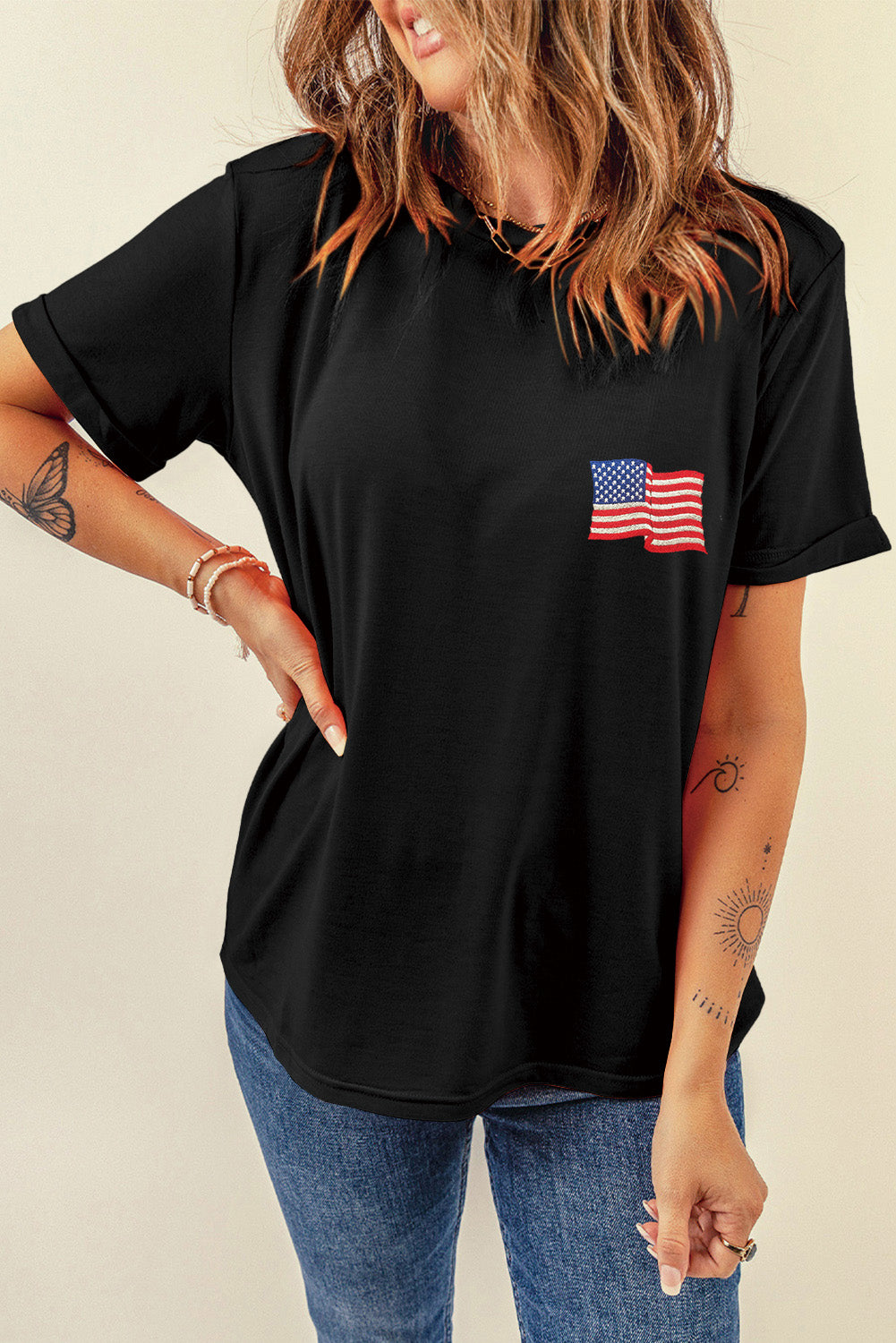 US Flag Round Neck Short Sleeve T-Shirt Sunset and Swim Black S 